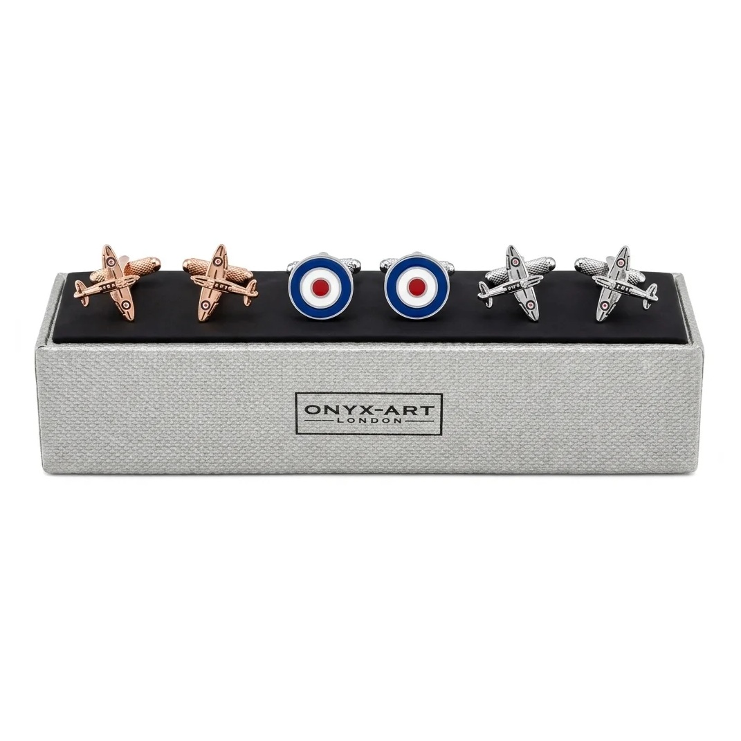 RAF Spitfire & Roundel Aviation Cufflinks (3-Pair Set) - Image 1